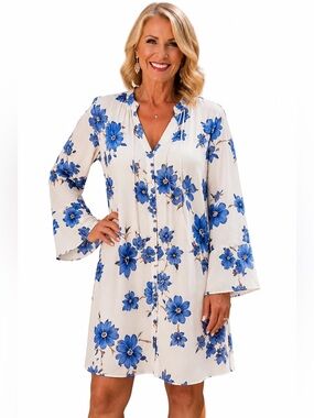 entro White and Blue Floral Dress Size XL
